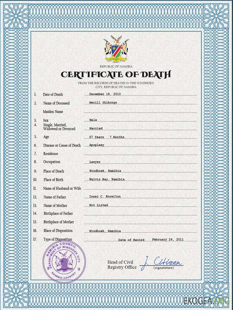 Modèle PSD de certificat de décès d'état civil de Namibie